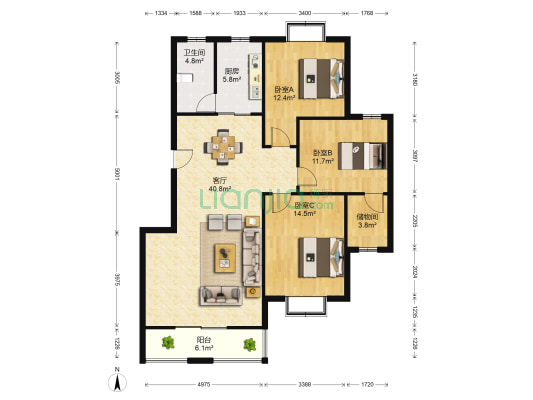 世纪之星小区 3室1厅1卫 126平方