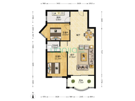 嘉福花园 2室1厅1卫 86平方