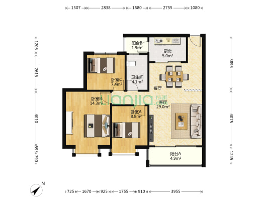 湖星水岸一期 3室1厅1卫 91平方