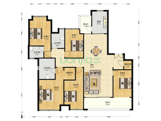 中欣楚天御府观澜 5室1厅3卫 217平方
