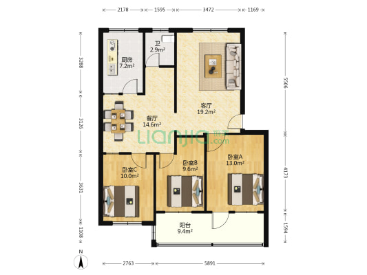 封家园小区 3室2厅1卫 102平方