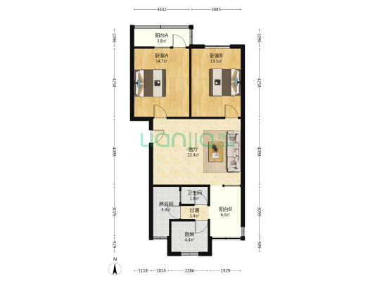 南北大街南二段14号 2室1厅2卫 88平方