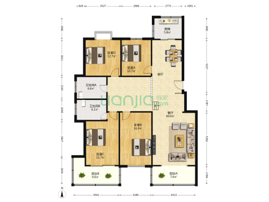 泰山嘉园 4室1厅2卫 185平方