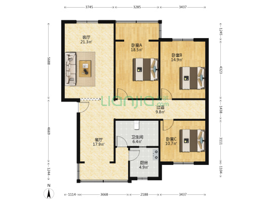 中国银行宿舍 3室2厅1卫 130平方