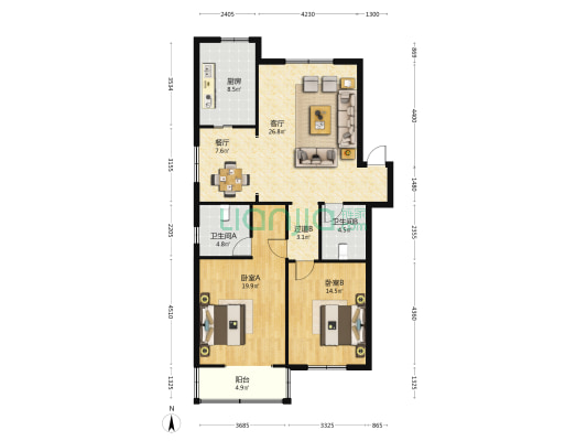 萬鑫阁 2室2厅2卫 116平方
