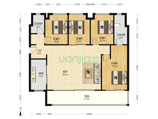轨道万科悦府 4室1厅2卫 142平方