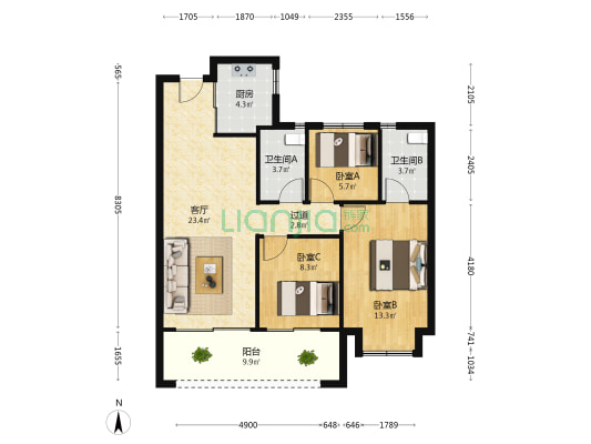 建发缦云 3室1厅2卫 98平方