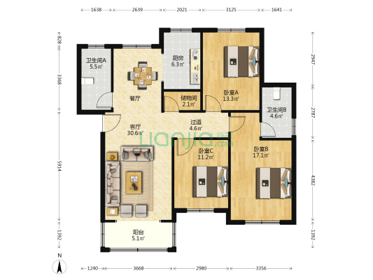 御庭园 3室1厅2卫 122平方