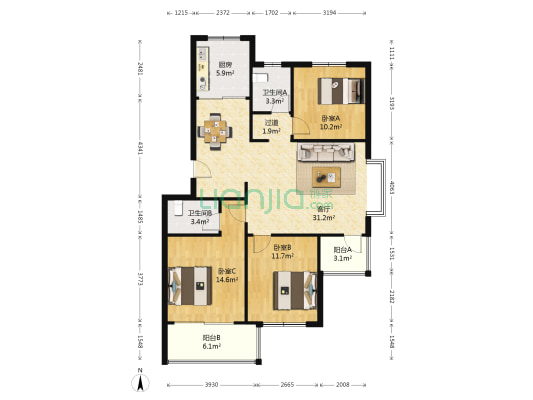 盛泰园 3室1厅2卫 107平方