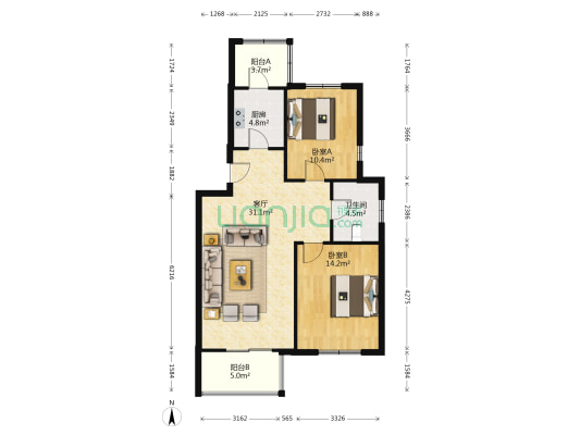 怀园 2室1厅1卫 95平方