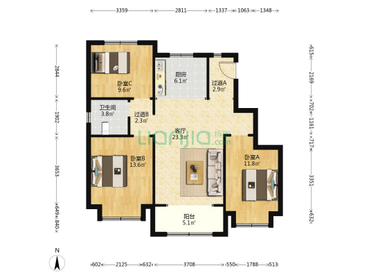 平度上海花园 3室1厅1卫 104平方