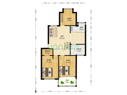 省团校宿舍 3室1厅1卫 93平方