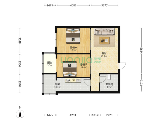 聚鑫园 2室1厅1卫 86平方