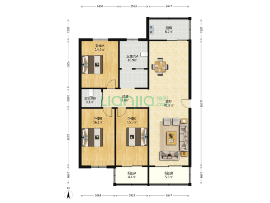 工人路339号院 3室1厅2卫 145平方