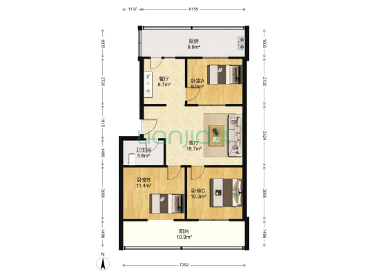 148小区 3室2厅1卫 92平方