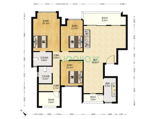 华润置地琨瑜府东区 3室1厅2卫 142平方