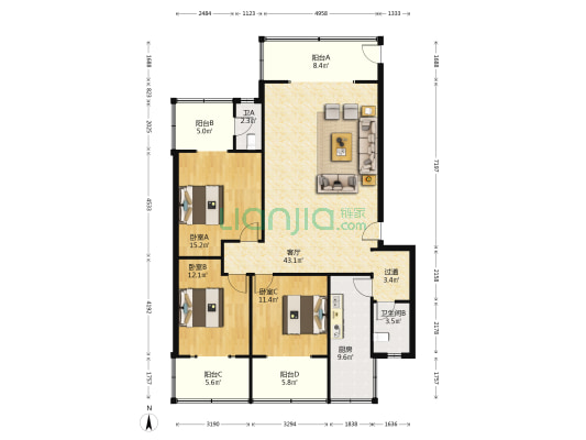 东安北路6号 3室1厅2卫 129平方