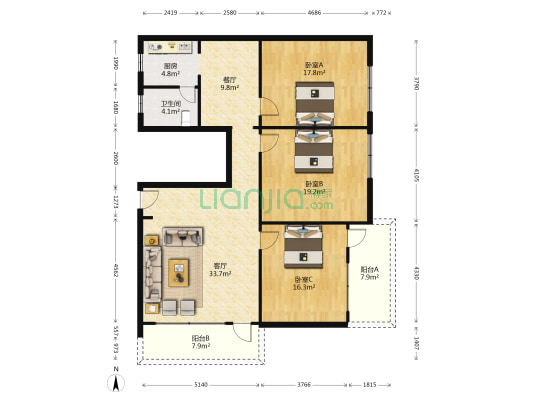 粮所背 3室2厅1卫 127平方