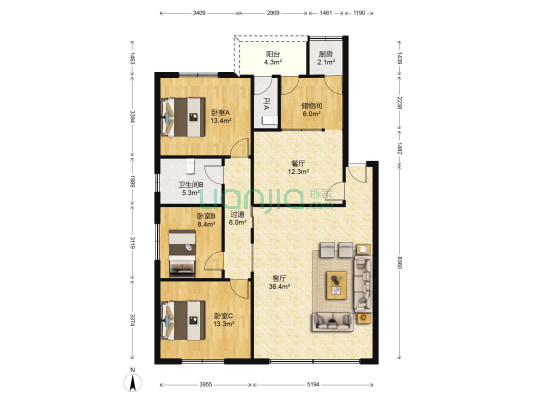 鱼轻路 3室2厅2卫 134平方
