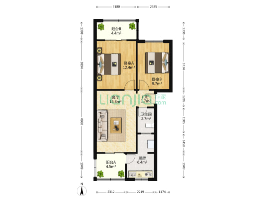 建设北路三段233号 2室1厅1卫 65平方