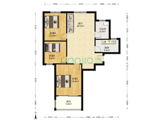 世纪华庭 3室1厅1卫 107平方
