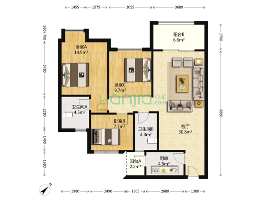 银海中心 3室1厅2卫 104平方