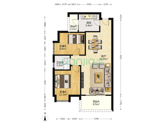 学府星川二期 2室1厅1卫 83平方