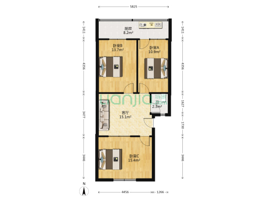 黄河路5号院 3室1厅1卫 77平方
