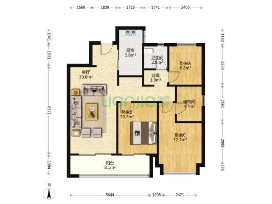 绿城凤起和鸣南区 3室1厅1卫 112平方