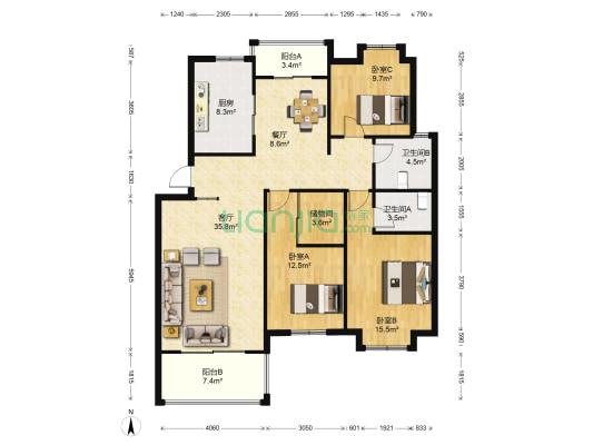 丽泽花园 3室2厅2卫 121平方