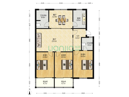 滨江花园中区 3室2厅2卫 139平方