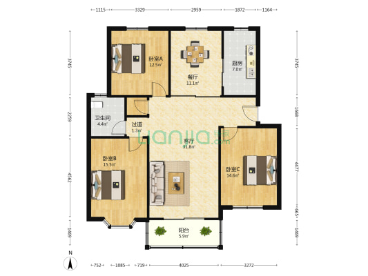 天平公寓 3室2厅1卫 123平方