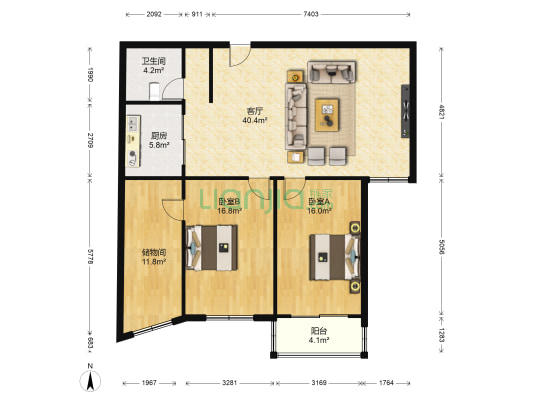 标准花园 2室1厅1卫 130平方