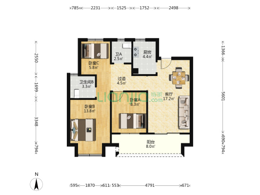 湖畔云庭 3室1厅2卫 89平方