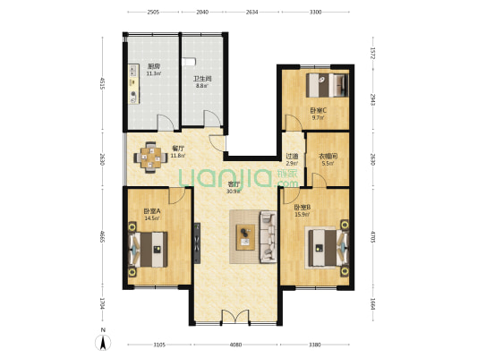 天林山庄 3室2厅1卫 137平方