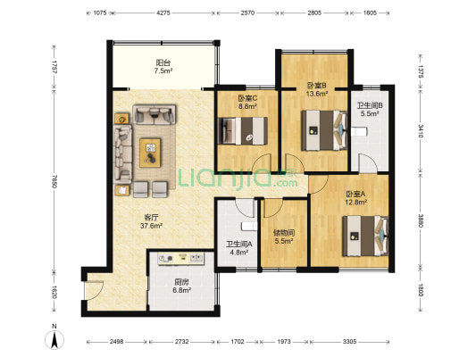 天馨家园 3室1厅2卫 135平方