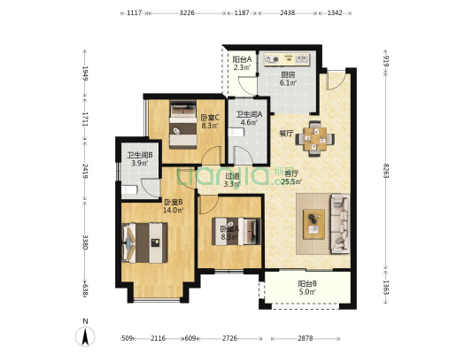 振业城锦宸 3室1厅2卫 107平方