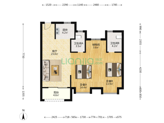 云悦里 2室1厅2卫 88平方