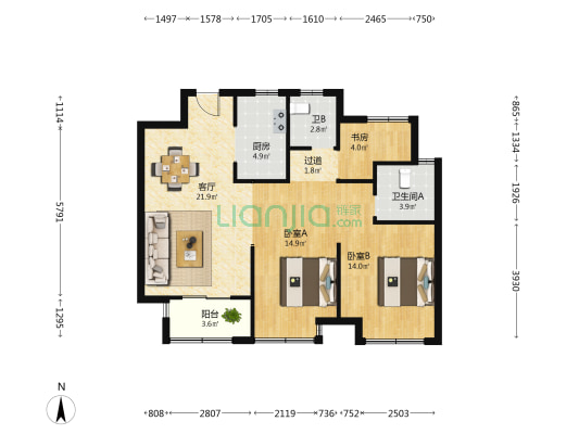 凤庭苑 3室1厅2卫 97平方