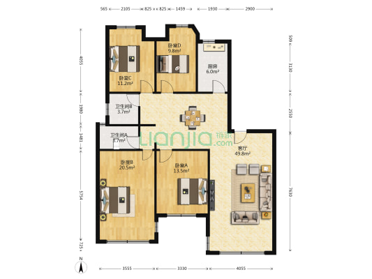 天中红园 4室1厅2卫 137平方