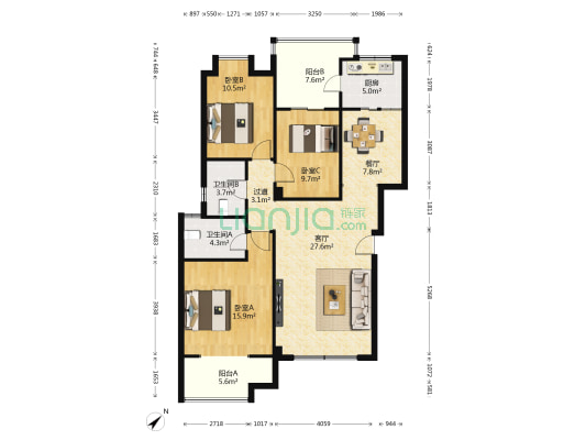 香山和苑 3室2厅2卫 111平方