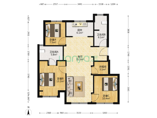 万科莫亚小镇6期 3室1厅2卫 107平方