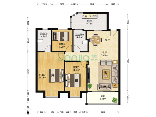 山场 3室1厅2卫 112平方