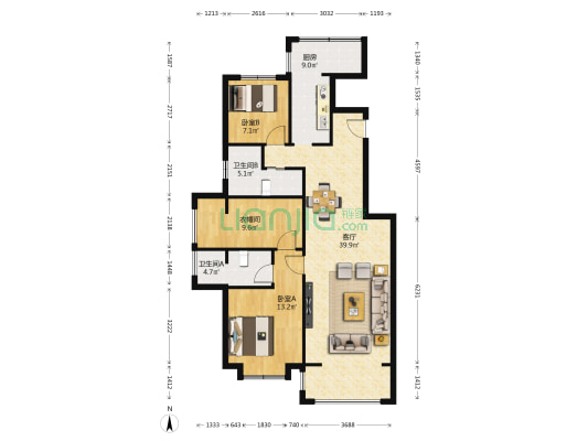 百岁万汇城 2室1厅2卫 115平方