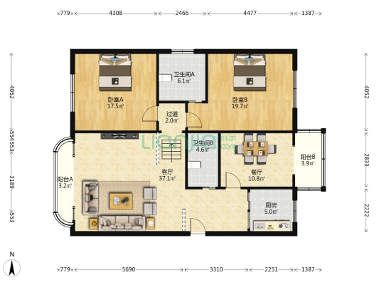 阳光园 2室2厅2卫 131平方