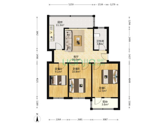 鲁宏宿舍 3室1厅1卫 80平方