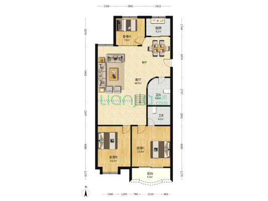 阳光水岸 3室1厅2卫 128平方