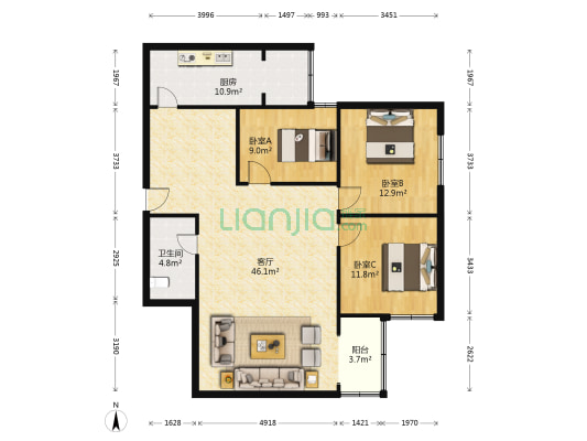 金地园 3室1厅1卫 131平方