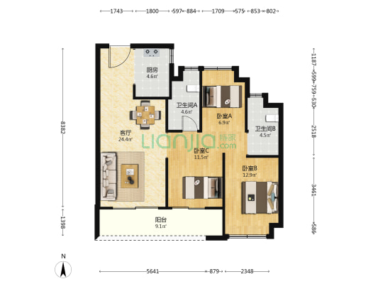 绿城留香园 3室1厅2卫 108平方