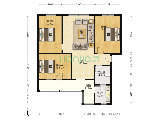 棠湖西路二段三一村 3室1厅1卫 105平方